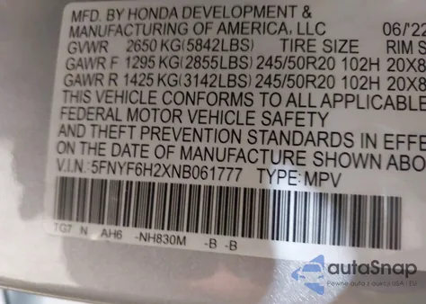 2022 Honda Pilot Awd Special Edition из США, поврежденный, VIN 5FNYF6H2XNB061777